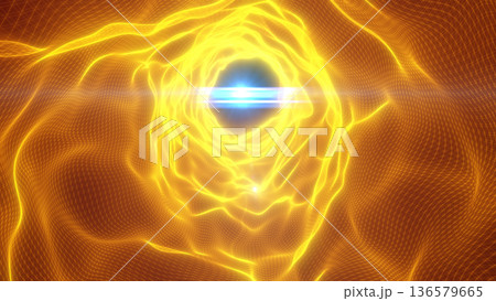 Glowing orange energy portal forming a sci-fi vortex in a wireframe grid with bright lens flare, futuristic abstract background Glowing orange energy portal forming a sci-fi vortex in a wireframe grid with bright lens flare, futuristic abstract background 136579665