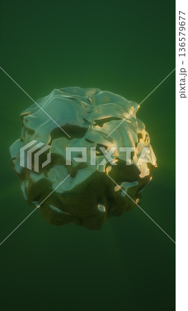 Glossy organic green metallic-like sphere floating in dark green space with soft glowing reflections 136579677