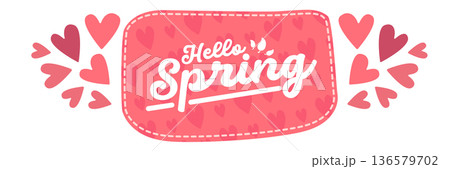 Pink Hello Spring banner with heart pattern and teal speech bubble, romantic seasonal web header isolated on white background. Hells spring pink hand draw doodle sticker and label with text 136579702