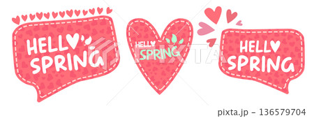 Pink Hello Spring banner set with heart pattern and teal speech bubble, romantic seasonal web header isolated on white background. Hells spring pink hand draw doodle sticker and label with text Pink Hello Spring banner set with heart pattern and teal speech bubble, romantic seasonal web header isolated on white background. Hells spring pink hand draw doodle sticker and label with text 136579704