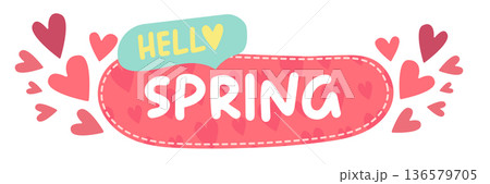 Pink Hello Spring banner with heart pattern and teal speech bubble, romantic seasonal web header isolated on white background. Hells spring pink hand draw doodle sticker and label with text 136579705