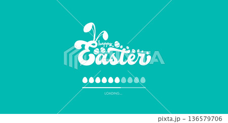 Happy Easter loading bar on turquoise background, creative holiday progress bar with eggs and bunny ears, seasonal web banner design. Minimalist Easter holiday banner showing egg-shaped progress bar 136579706