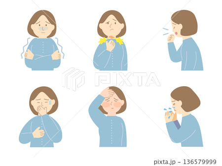 風邪をひいている女性のイラストセット 風邪をひいている女性のイラストセット 136579999