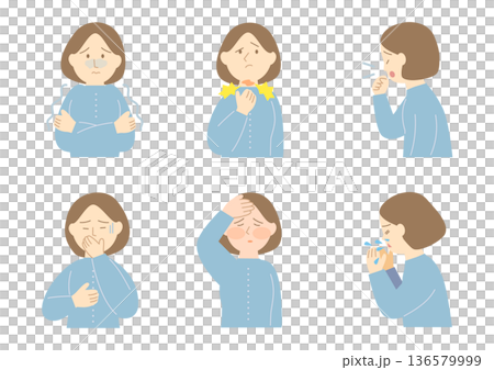 風邪をひいている女性のイラストセット 風邪をひいている女性のイラストセット 136579999