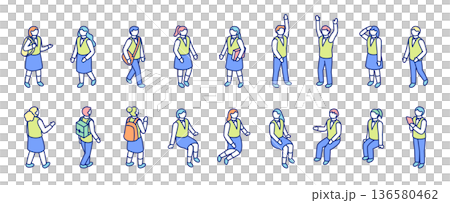 Isometric illustration set of male and female students in uniform. 136580462