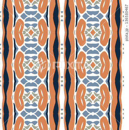 Blue and Orange Mid-Century Geometric Seamless Pattern with Oval and Diamond Motifs Blue and Orange Mid-Century Geometric Seamless Pattern with Oval and Diamond Motifs 136580467