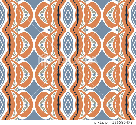 Blue and Orange Mid-Century Geometric Seamless Pattern with Oval and Diamond Motifs 136580478