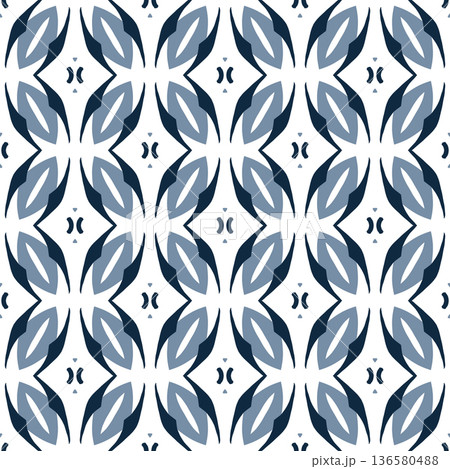 Blue and White Mid-Century Geometric Seamless Pattern with Abstract Motifs 136580488