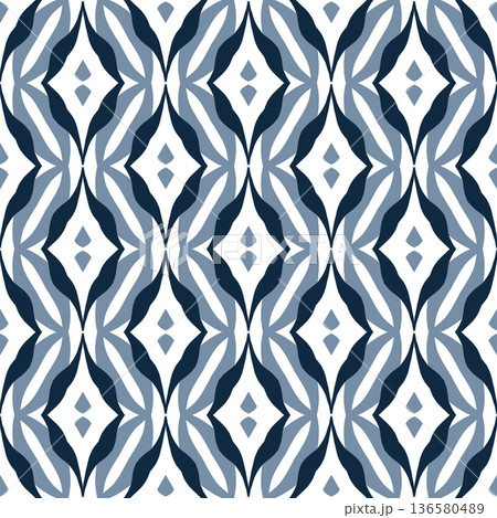Blue and White Mid-Century Geometric Seamless Pattern with Abstract Motifs 136580489