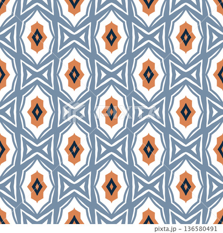 Blue and Orange Mid-Century Geometric Seamless Pattern with Oval and Diamond Motifs Blue and Orange Mid-Century Geometric Seamless Pattern with Oval and Diamond Motifs 136580491