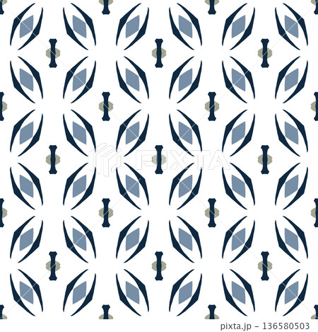 Blue and White Mid-Century Geometric Seamless Pattern with Abstract Motifs 136580503
