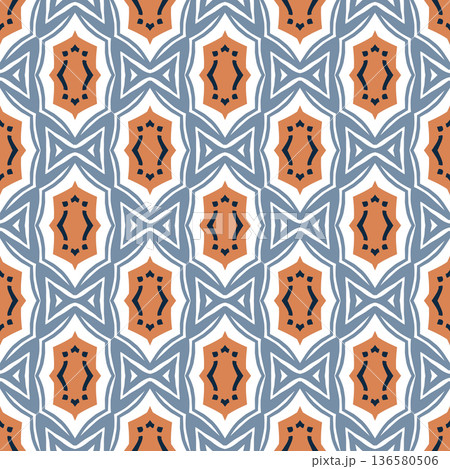 Blue and Orange Mid-Century Geometric Seamless Pattern with Oval and Diamond Motifs Blue and Orange Mid-Century Geometric Seamless Pattern with Oval and Diamond Motifs 136580506