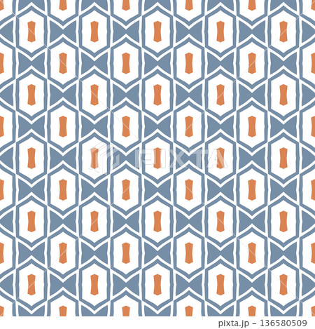 Blue and Orange Mid-Century Geometric Seamless Pattern with Oval and Diamond Motifs Blue and Orange Mid-Century Geometric Seamless Pattern with Oval and Diamond Motifs 136580509