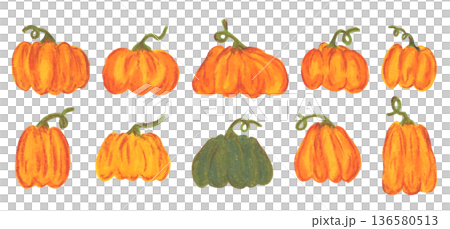 Bright hand drawn oil pastel textured orange and green harvest pumpkin set. Drawing with crayons autumn vegetables for fall sticker, Halloween poster design, thanksgiving squash logo 136580513