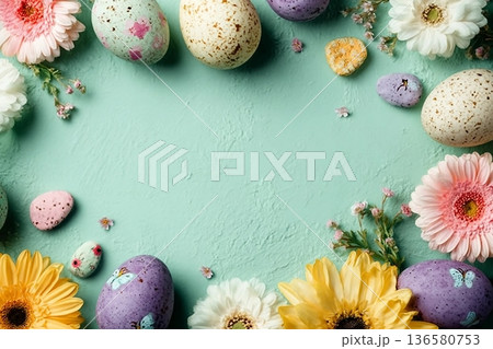 Happy Easter composition for easter design. Elegant Easter eggs and spring flowers on mint background. Flat lay, top view, copy space. Happy Easter composition for easter design. Elegant Easter eggs and spring flowers on mint background. Flat lay, top view, copy space. 136580753