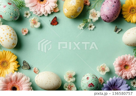 Happy Easter composition for easter design. Elegant Easter eggs and spring flowers on mint background. Flat lay, top view, copy space. 136580757