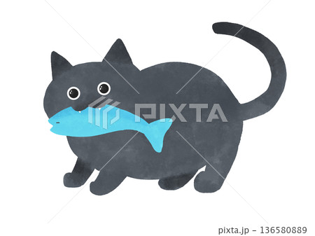 魚をくわえている黒猫 136580889