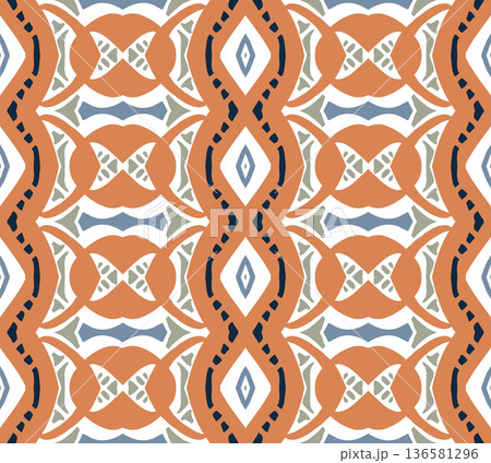 Blue and Orange Mid-Century Geometric Seamless Pattern with Oval and Diamond Motifs Blue and Orange Mid-Century Geometric Seamless Pattern with Oval and Diamond Motifs 136581296