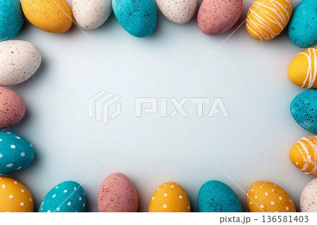 Happy Easter background with easter eggs. Easter background with copy space. Flat lay. High quality photo 136581403