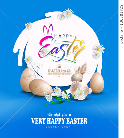 Happy Easter. A festive blue card with a bunny and Easter eggs 136581725