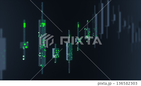 Futuristic candlestick trading chart with data points. AI financial market concept. 3d rendering Futuristic candlestick trading chart with data points. AI financial market concept. 3d rendering 136582303