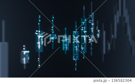 Futuristic candlestick trading chart with data points. AI financial market concept. 3d rendering 136582304