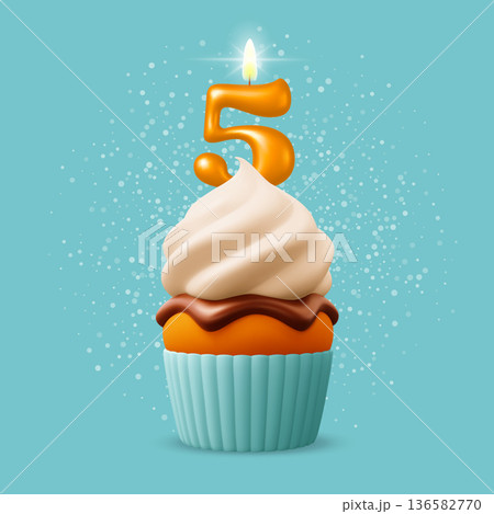 Five Year Birthday Cupcake with Number Five Candle 136582770