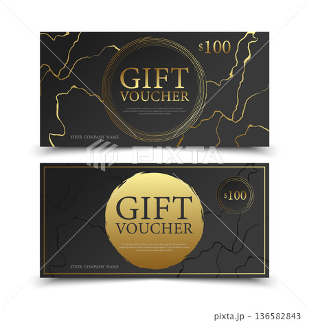 Gift voucher design with golden and black kintsugi cracks. Golden and black gift voucher coupon template. Vector illustration 136582843