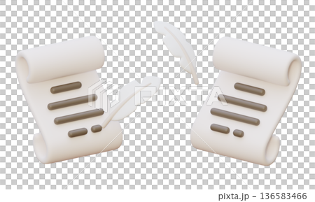 3D rendered ancient paper scroll and white quill pen set isolated 136583466
