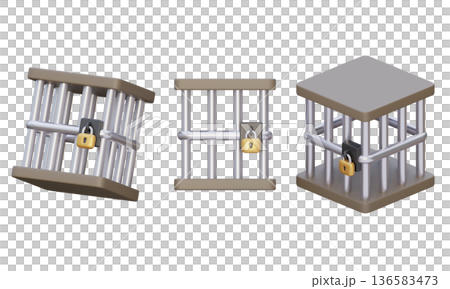 3D rendered set of prison cell bars with padlock isolated 136583473