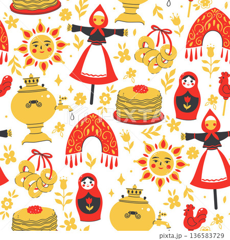 Seamless pattern with Maslenitsa celebration elements. Vector graphics. 136583729