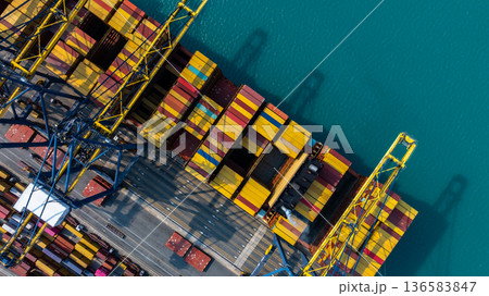 Aerial view Container cargo ship loading unloading container import export sea port, Global trade business container cargo ship freight shipping commercial trade logistic transportation international. 136583847