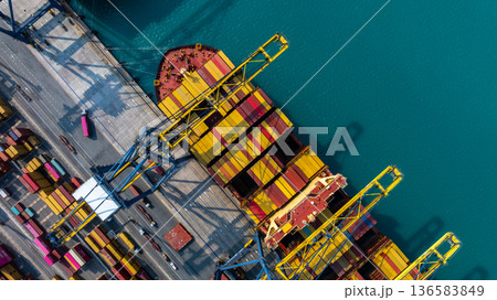 Aerial view Container cargo ship loading unloading container import export sea port, Global trade business container cargo ship freight shipping commercial trade logistic transportation international. 136583849