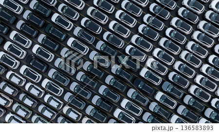 Aerial view car for sale stock lot row, Cars dealership inventory distribution automobile and automotive business, New cars parking for sale automobile automotive industry business. 136583893
