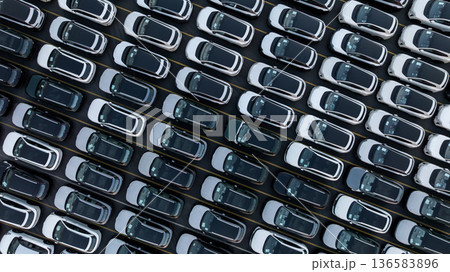 Aerial view car for sale stock lot row, Cars dealership inventory distribution automobile and automotive business, New cars parking for sale automobile automotive industry business. Aerial view car for sale stock lot row, Cars dealership inventory distribution automobile and automotive business, New cars parking for sale automobile automotive industry business. 136583896