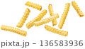 Falling french fries isolated on white background, crunchy fried potato sticks, full depth of field 136583936