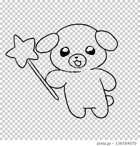 Cute dog with star stick, line drawing, animal illustration for coloring, transparent background 136584070
