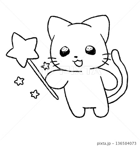 星のステッキを持ったかわいい猫の線画 ぬりえ用動物イラスト 透過背景 星のステッキを持ったかわいい猫の線画 ぬりえ用動物イラスト 透過背景 136584073