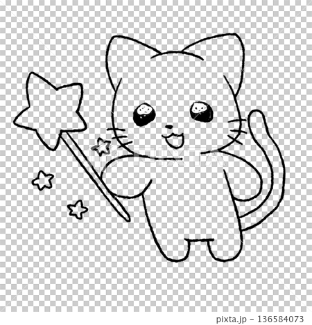 星のステッキを持ったかわいい猫の線画 ぬりえ用動物イラスト 透過背景 星のステッキを持ったかわいい猫の線画 ぬりえ用動物イラスト 透過背景 136584073
