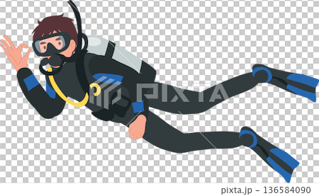 Young male scuba diver giving ok hand signal while swimming underwater in the ocean. 136584090