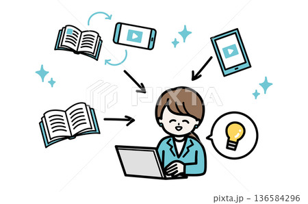 ビジネスのDX推進とリスキリングをイメージした図解ベクターイラスト。信頼感のある青緑色。 136584296