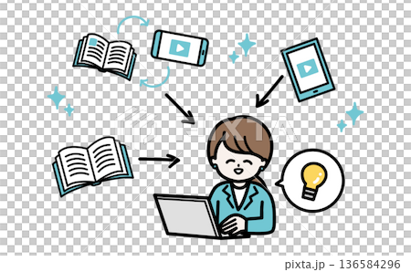 ビジネスのDX推進とリスキリングをイメージした図解ベクターイラスト。信頼感のある青緑色。 136584296