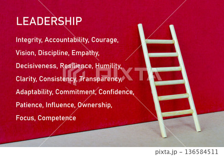 Leadership headline text on red cover with wooden ladder emphasizing authority, direction, and structured pathway to success. Leadership headline text on red cover with wooden ladder emphasizing authority, direction, and structured pathway to success. 136584511
