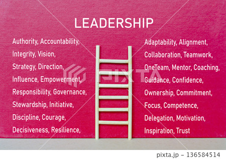Leadership qualities text on red cover with wooden ladder highlighting vision, integrity, and influence within an organization. 136584514