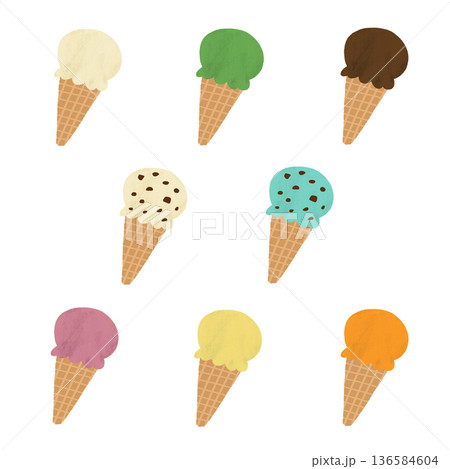 水彩風手描き　いろんなアイスクリームのイラスト 136584604