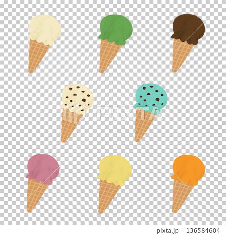水彩風手描き　いろんなアイスクリームのイラスト 136584604