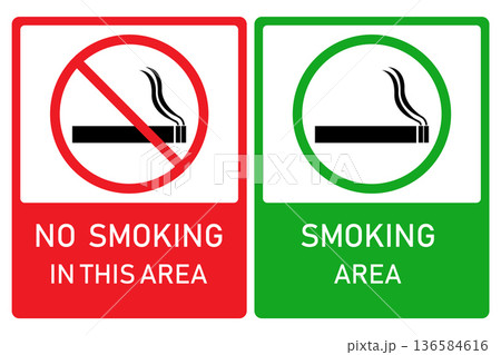 No Smoking and Smoking Area Signs Indicating Designated Smoking and No Smoking Zones. 136584616