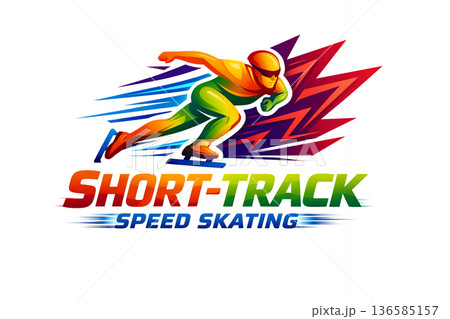 Abstract speed skater athlete and typography short-track speed skating, colorful art graphic label with text 136585157