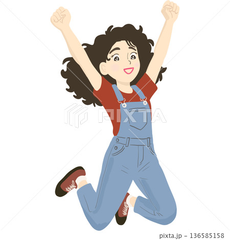 A young woman jumping with raised arms, expressing confidence, freedom, and empowerment. 136585158