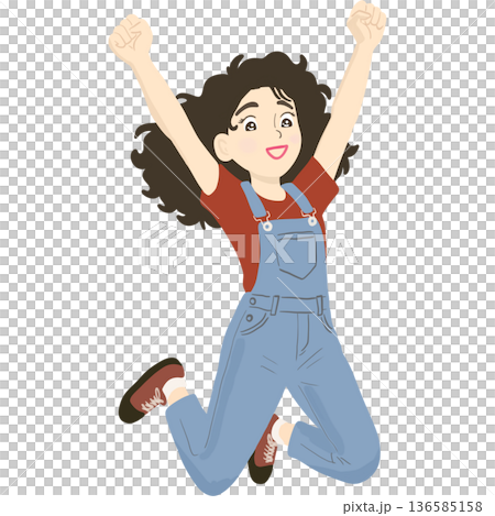 A young woman jumping with raised arms, expressing confidence, freedom, and empowerment. 136585158